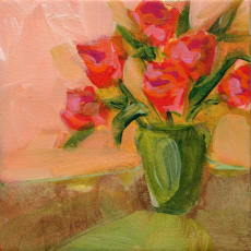 "Red Roses In Green Vase" ©Annette Ragone Hall - acrylic on canvas - 6" x 6"